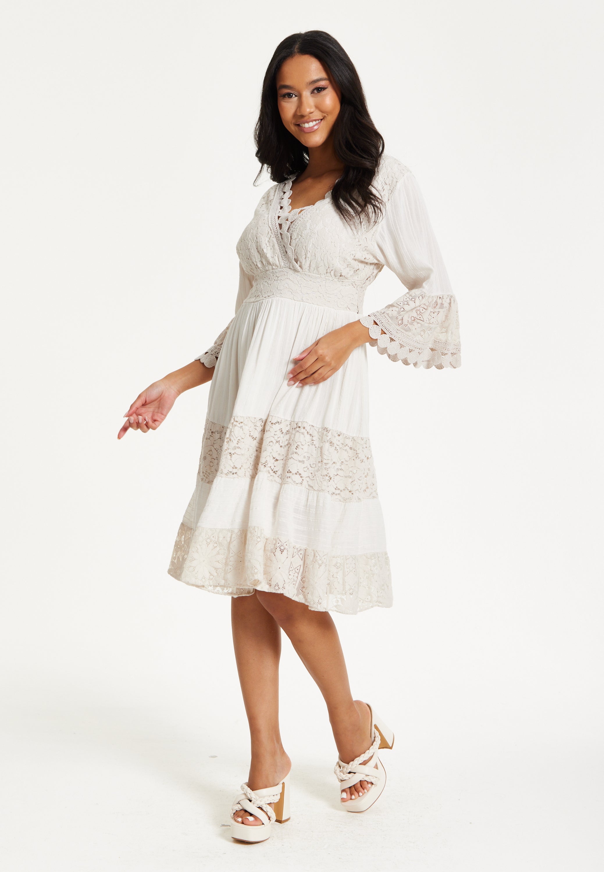 Cream Lace Trim Boho Midi Dress 25SS8897017