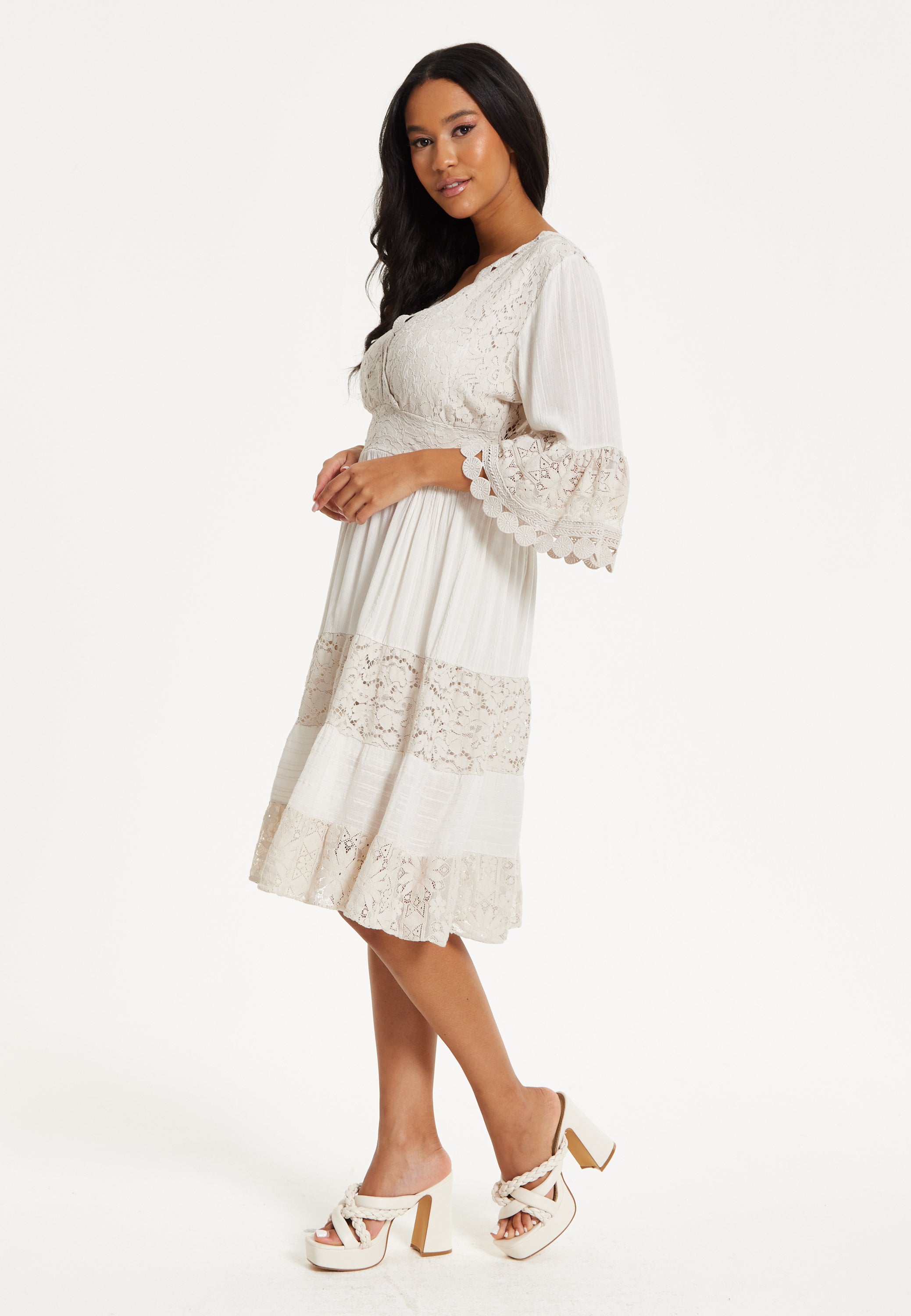 Cream Lace Trim Boho Midi Dress 25SS8897017