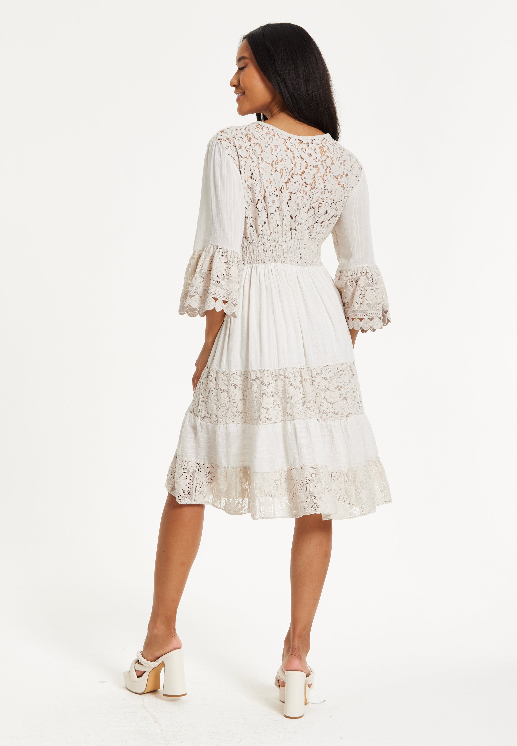 Cream Lace Trim Boho Midi Dress 25SS8897017