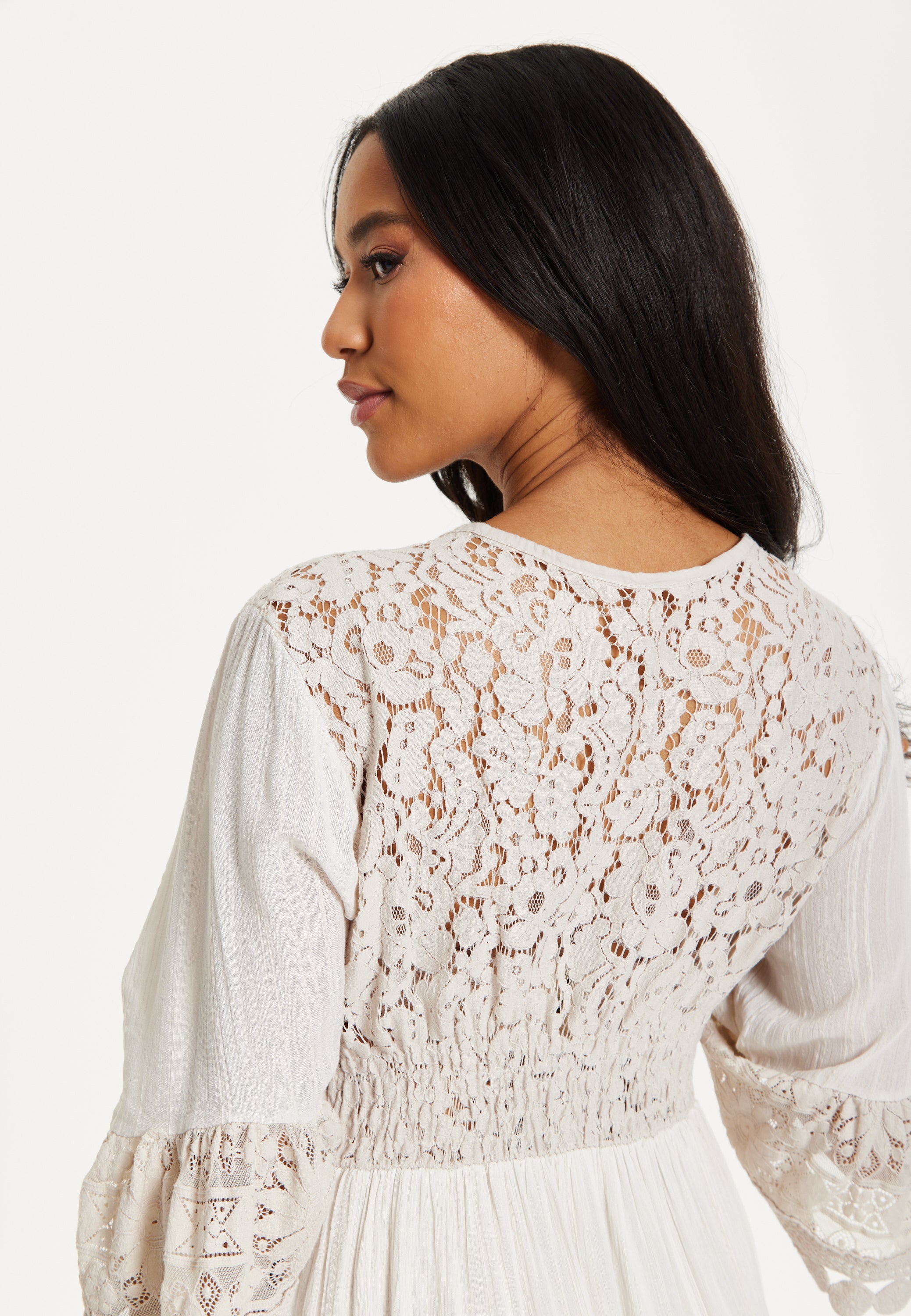 Cream Lace Trim Boho Midi Dress 25SS8897017