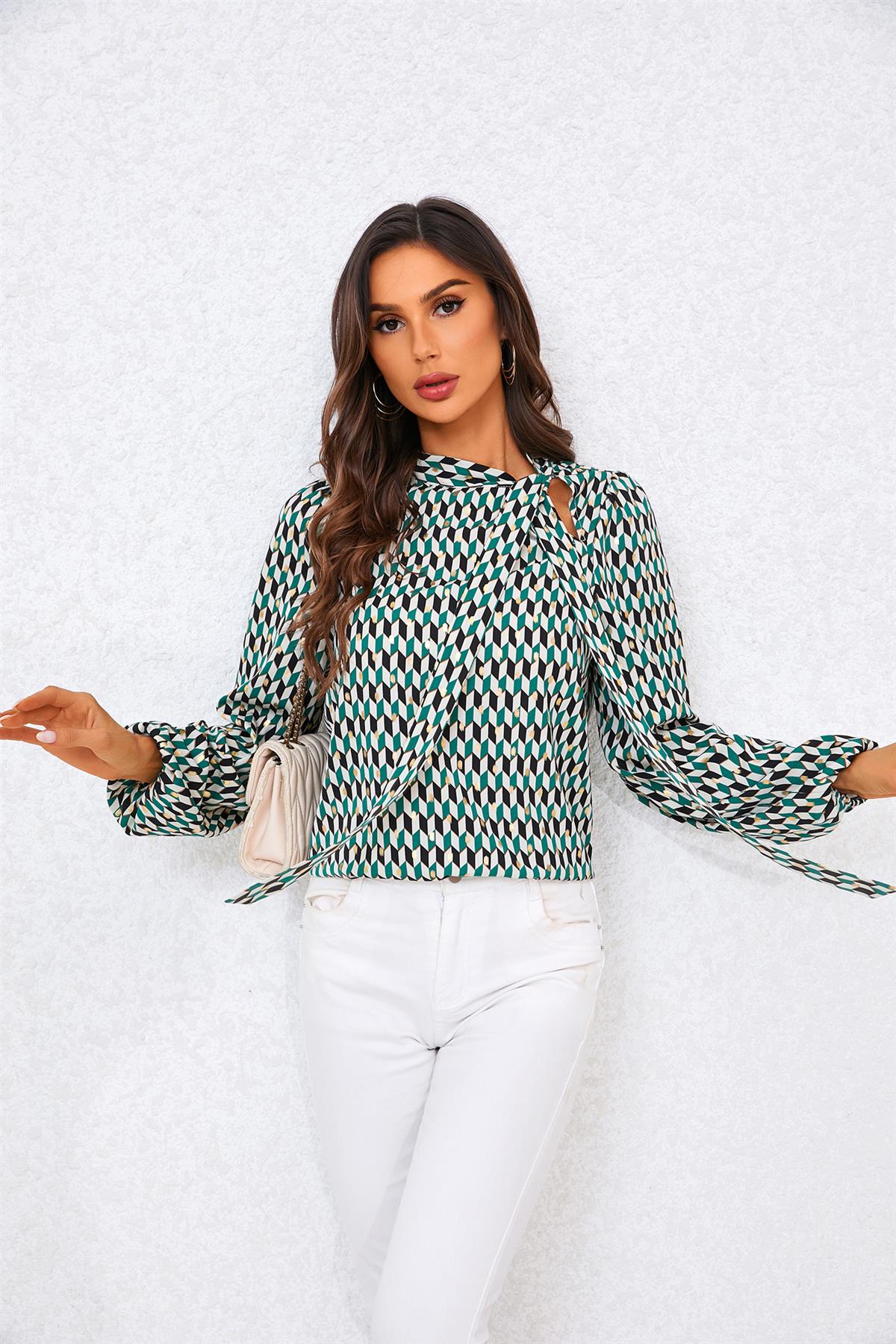 Geo Print Side Tie Blouse Top In Green FS705-GreenGeo