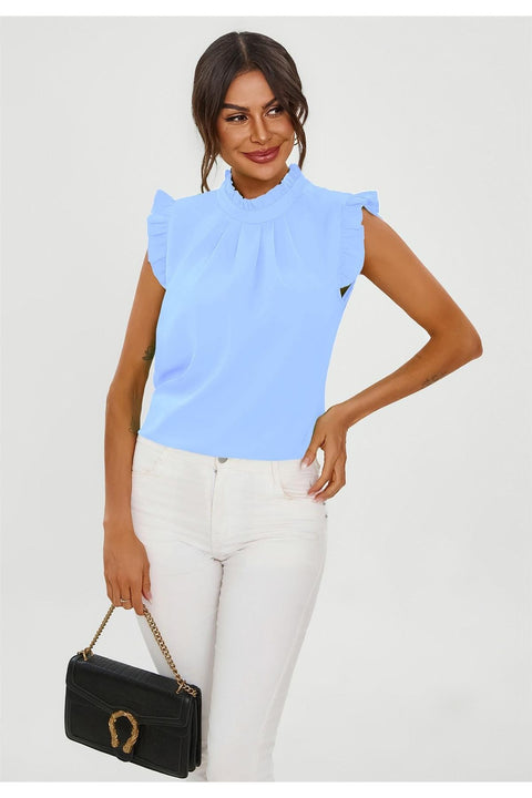 Frill Trim Sleeve High Neck Blouse Top In Light Blue FS656