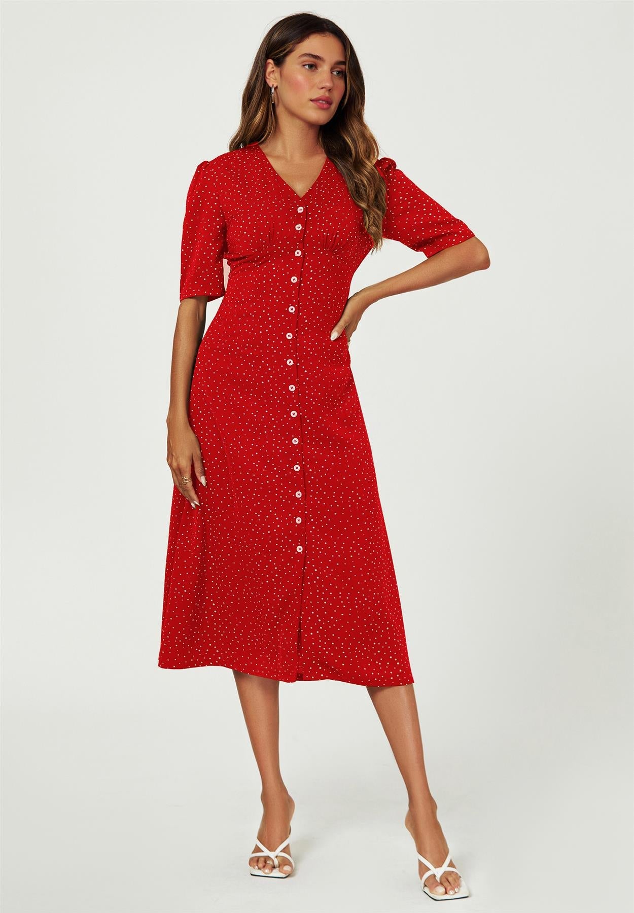 Dot Print Button Front Midi Dress In Red FS707-RedDot