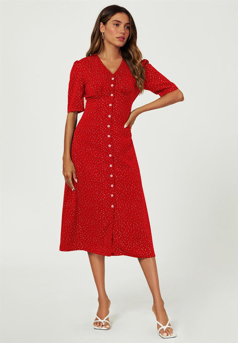 Dot Print Button Front Midi Dress In Red by FS Collection