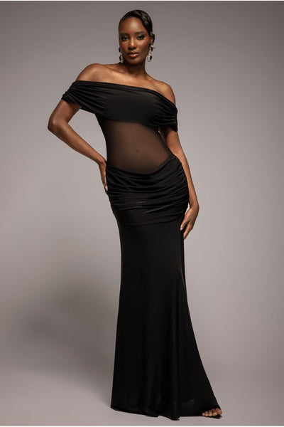 Black - Gathered Off The Shoulder Mesh Waist Panel Maxi Dress - Black by Goddiva