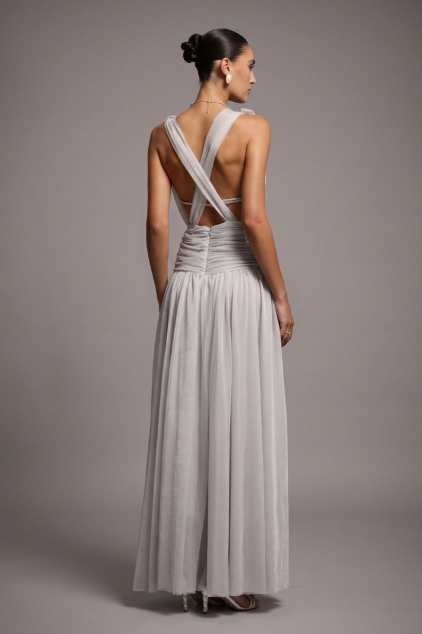 Moonlight Silver Detachable Cowl Crossback Maxi Dress R2603SS003