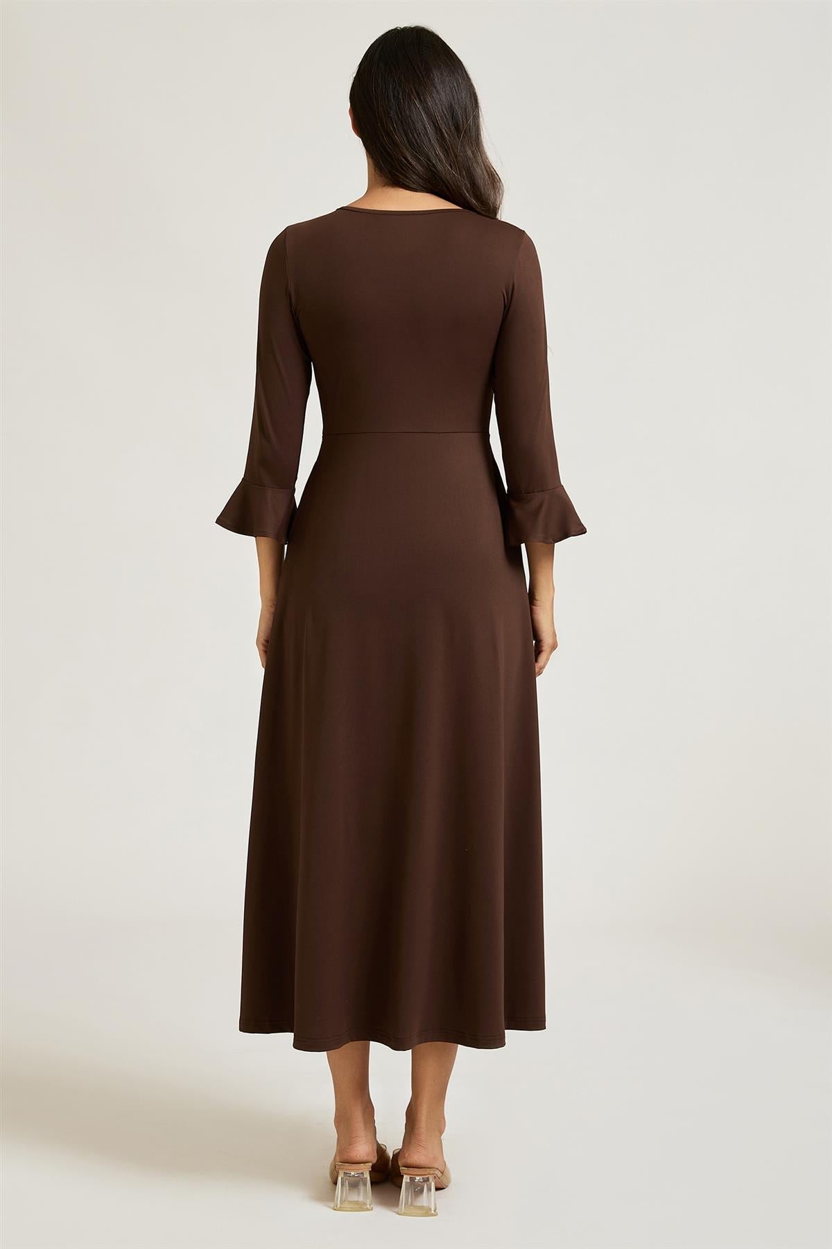 Fluted Sleeves Ruched Jersey Midi Dress In Brown FS992