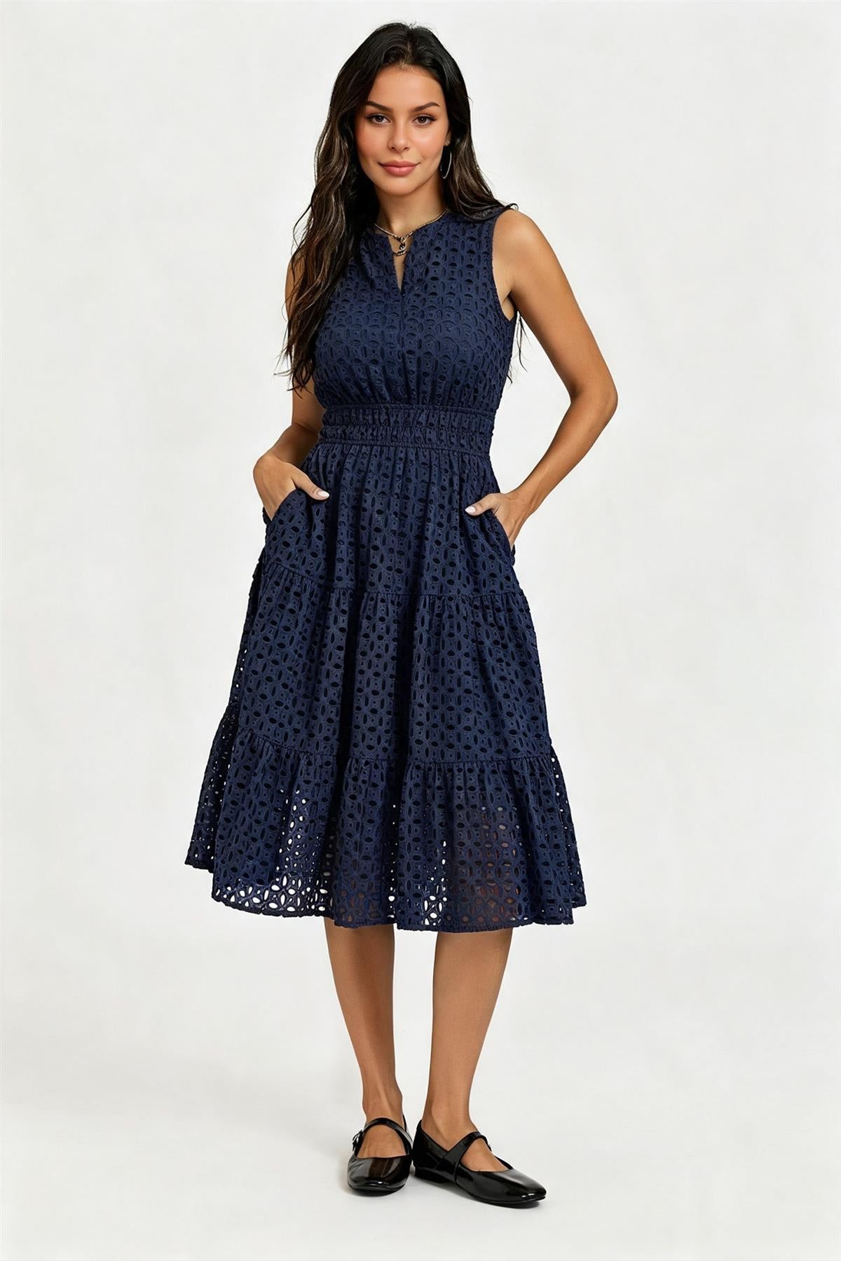 Sleeveless Broderie Anglaise Midi Dress In Navy FS982