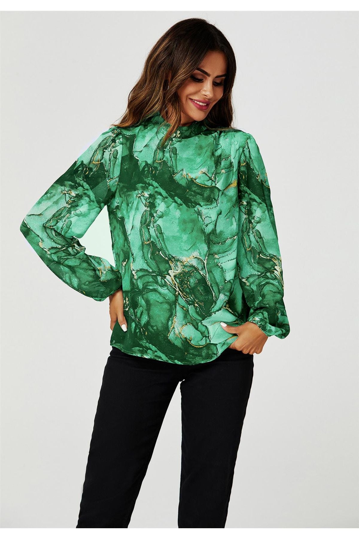 Marble Print Long Sleeve High Neck Top In Light Green FS628