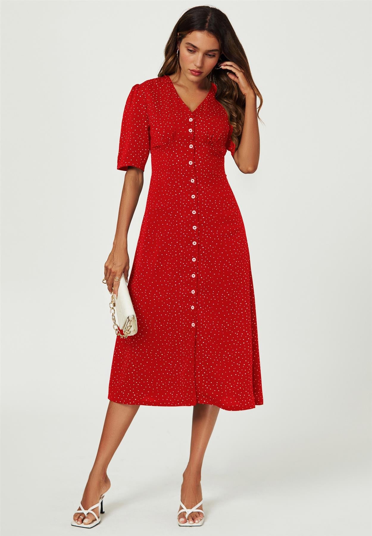 Dot Print Button Front Midi Dress In Red FS707-RedDot