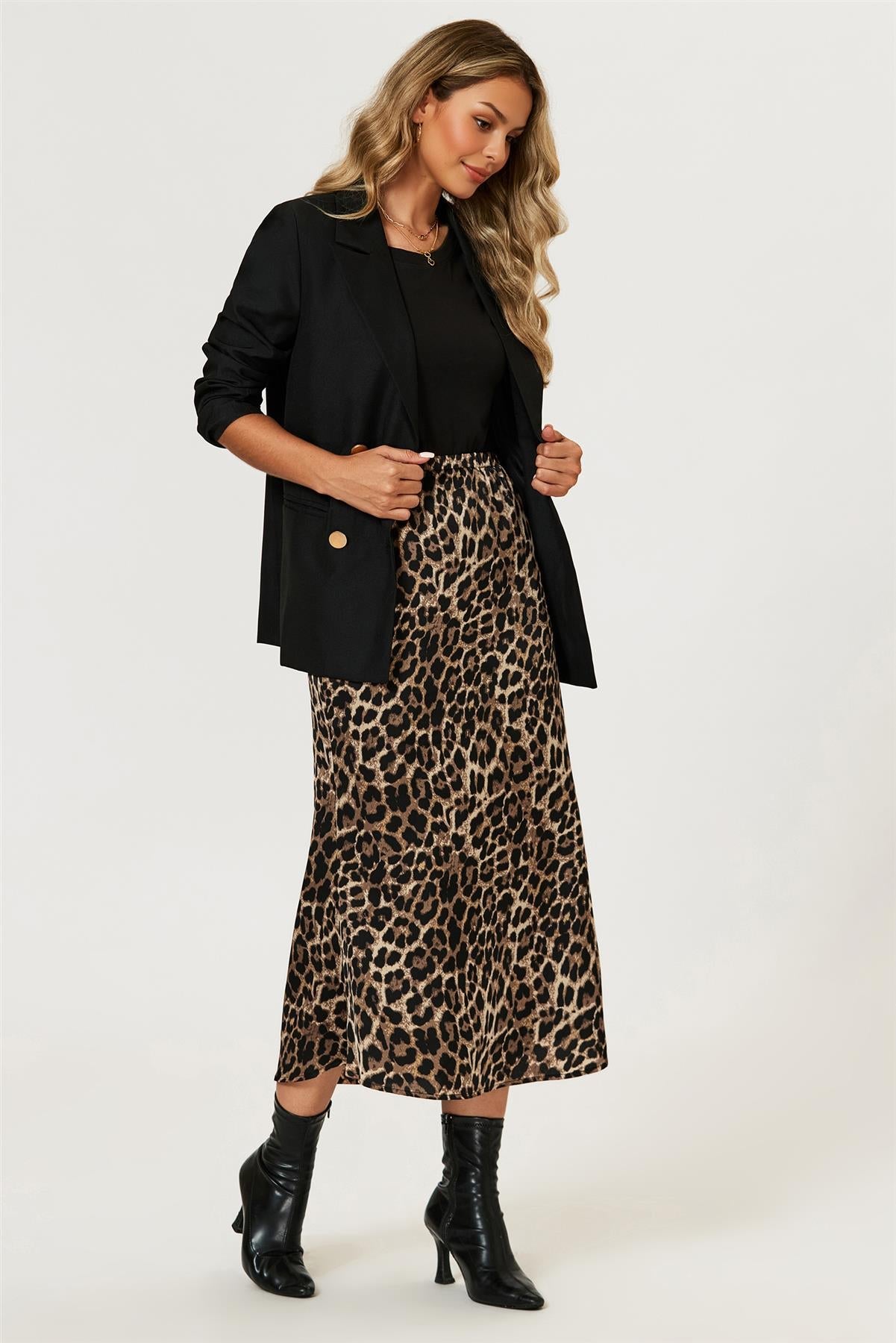 Leopard Print Satin Midi Skirt In Brown FS879-Leopard