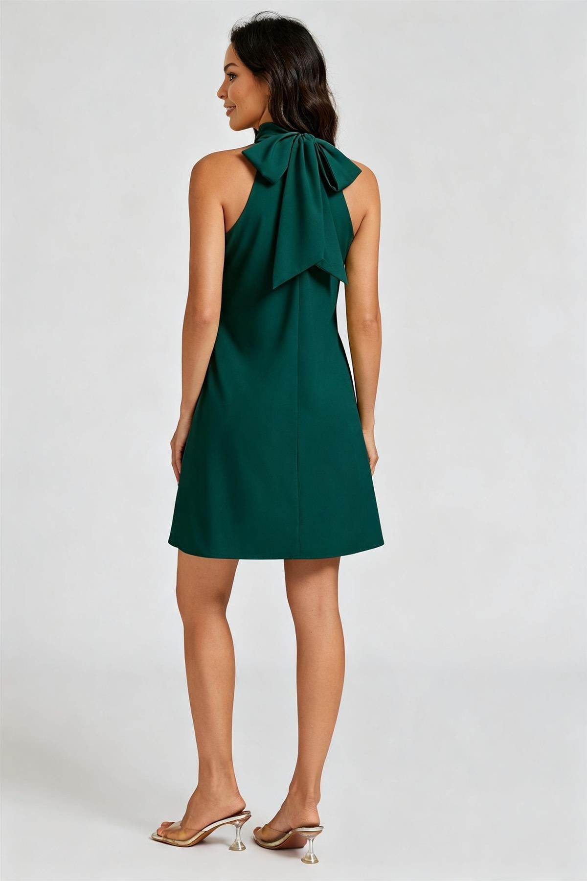 Halter Neck Tie Back Mini Dress In Forest Green FS455NEW