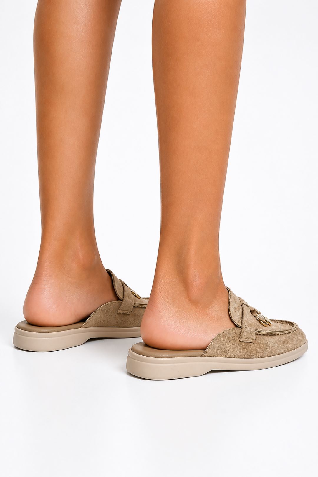 Adaloria Padlock Charm Backless Flat Loafers In Taupe Suede PANTHER2-TAUSU