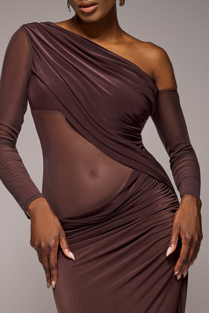 Gathered Cowl Asymmetric Mesh And Soft Touch Maxi Dress - Brown DR4800
