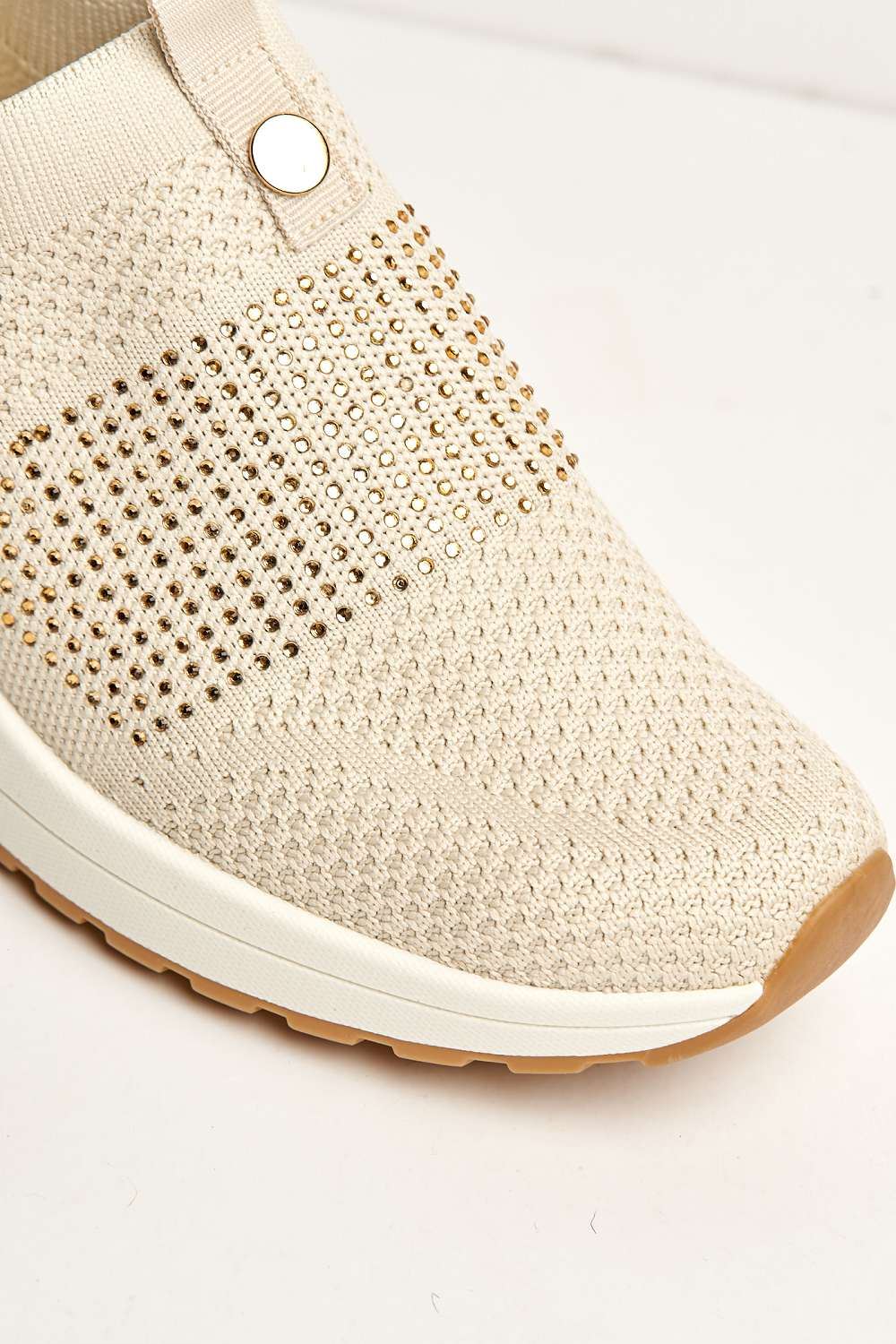 Ember Diamante Embellished Slip On Trainers In Beige CEDAR2-BEI