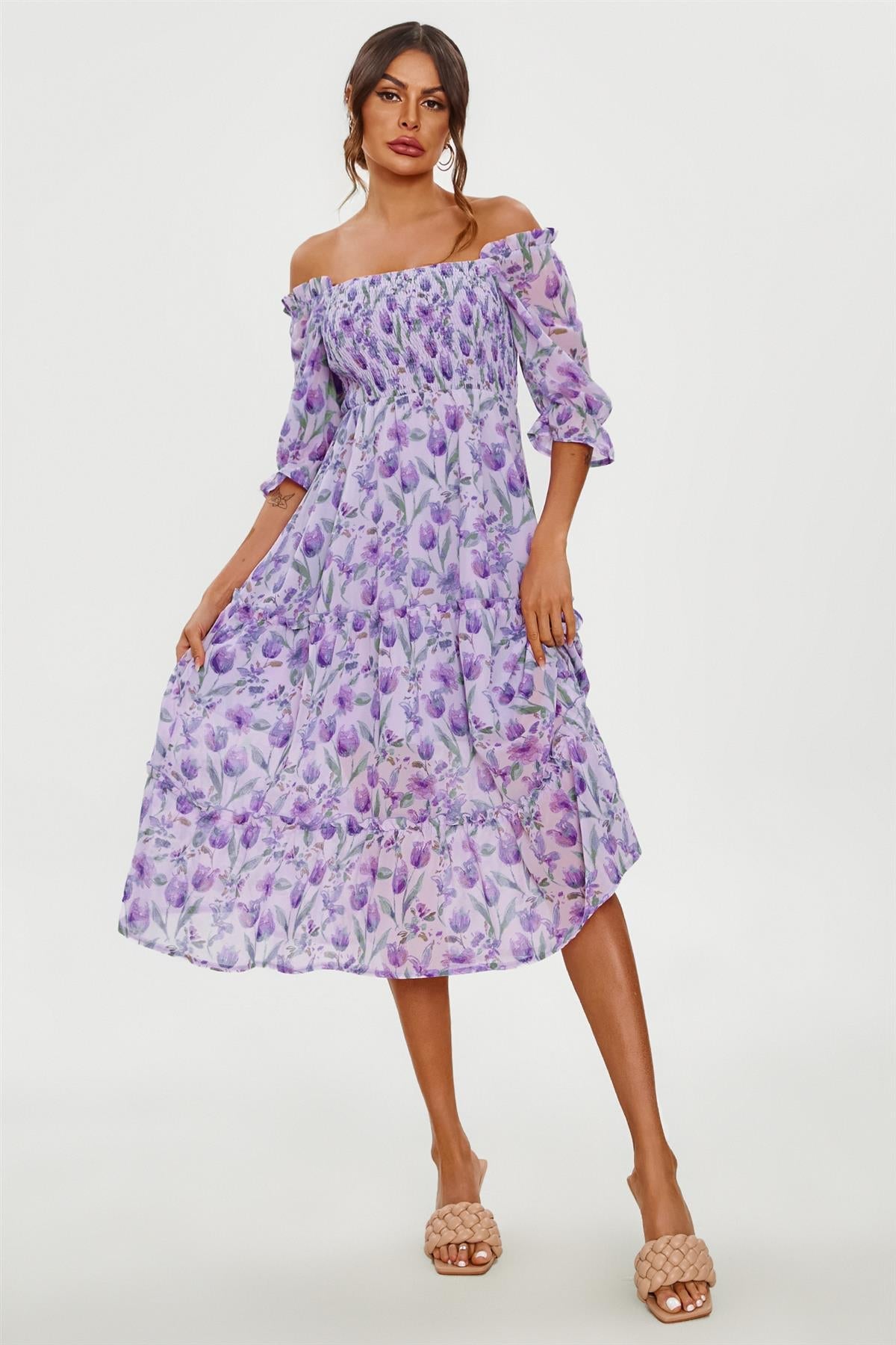Floral Print Bardot Puff Sleeve Elasticated Detail Midi Dress In Purple FS362-PurpleF
