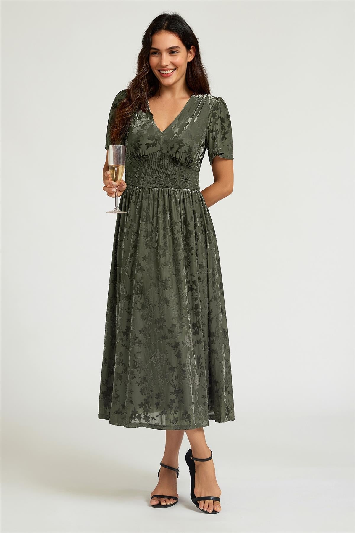 Dark Sage Velvet Burnout V-Neck Angel Sleeve Midi Dress FS955