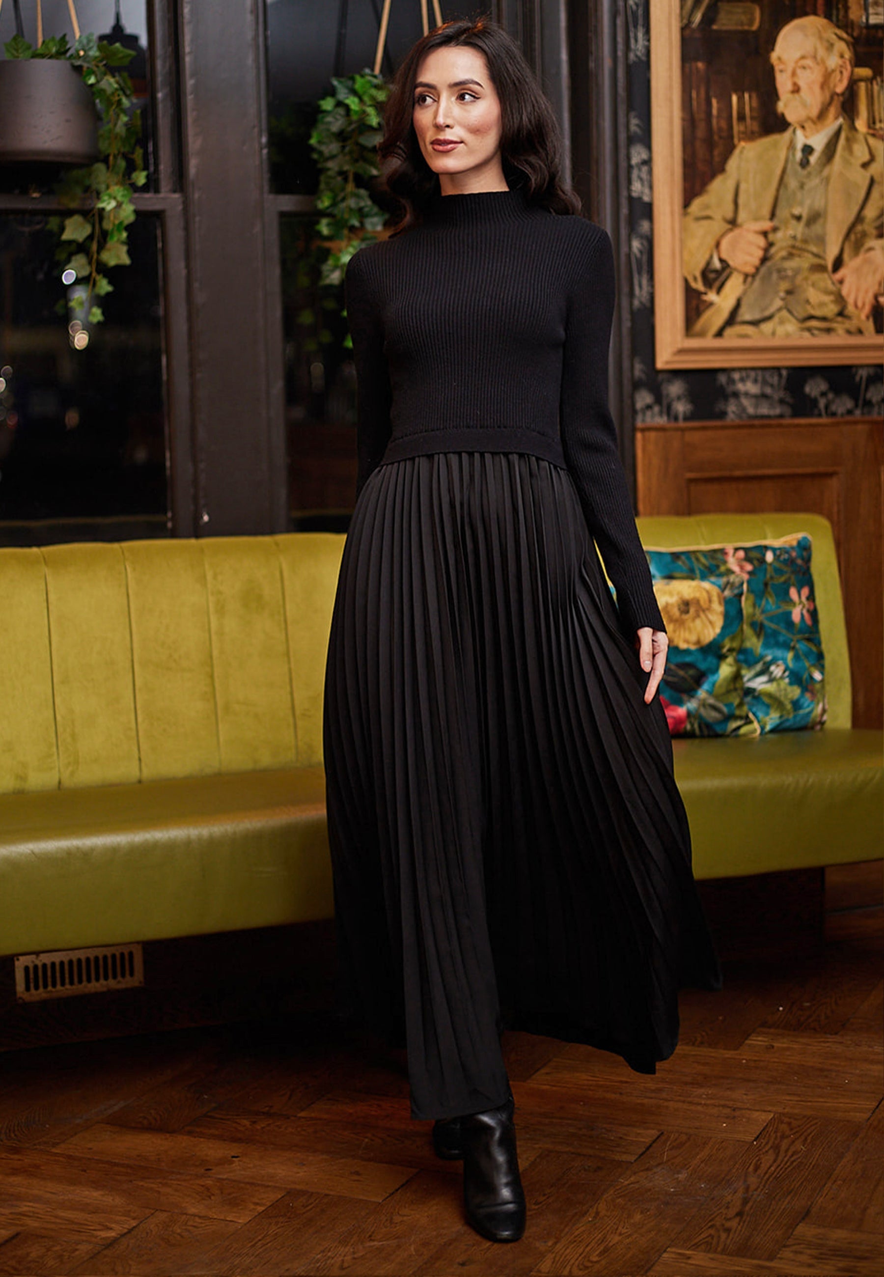 Knit Top And Pleated Skirt Maxi Dress In Black A038679BLKF