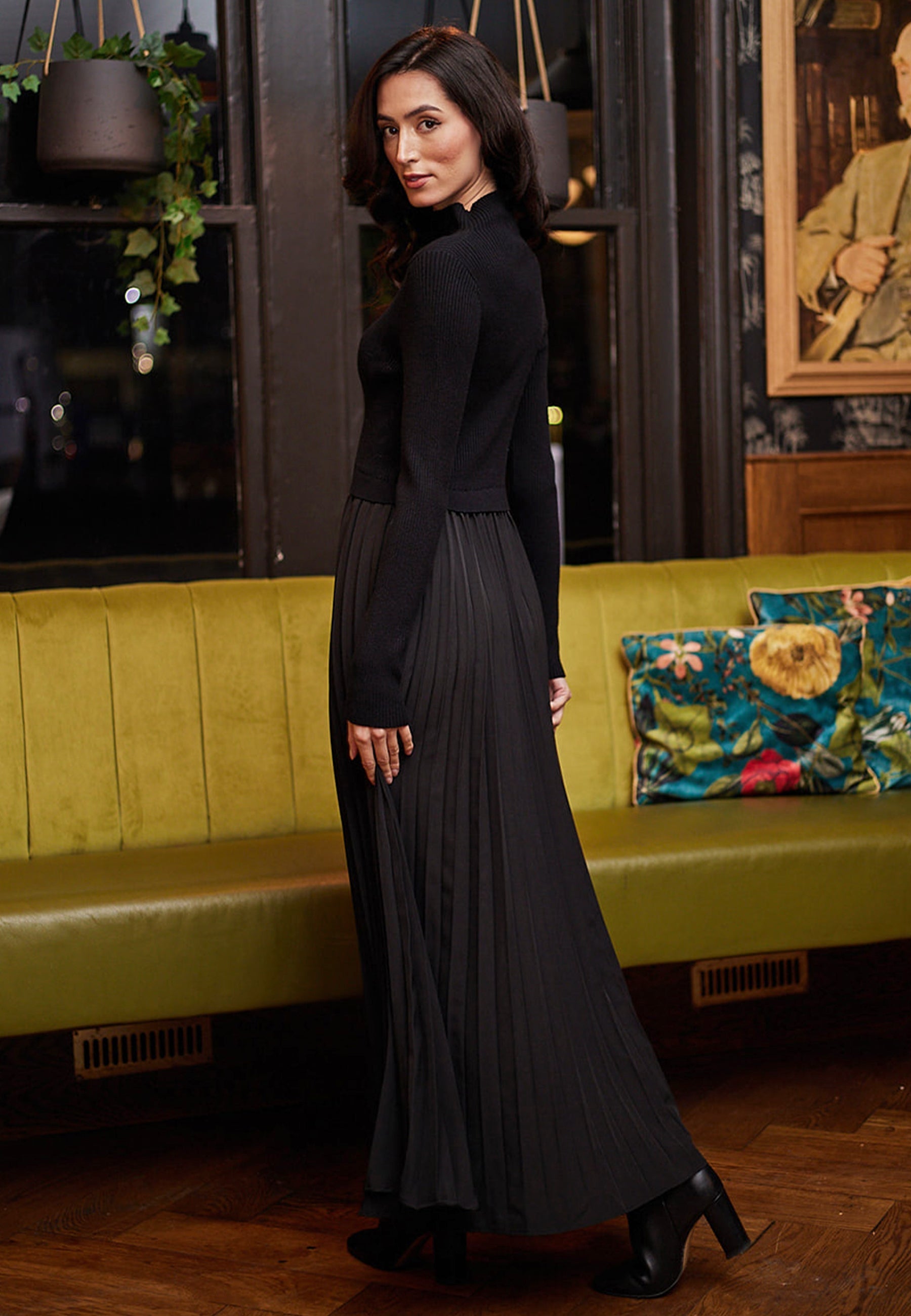 Knit Top And Pleated Skirt Maxi Dress In Black A038679BLKF