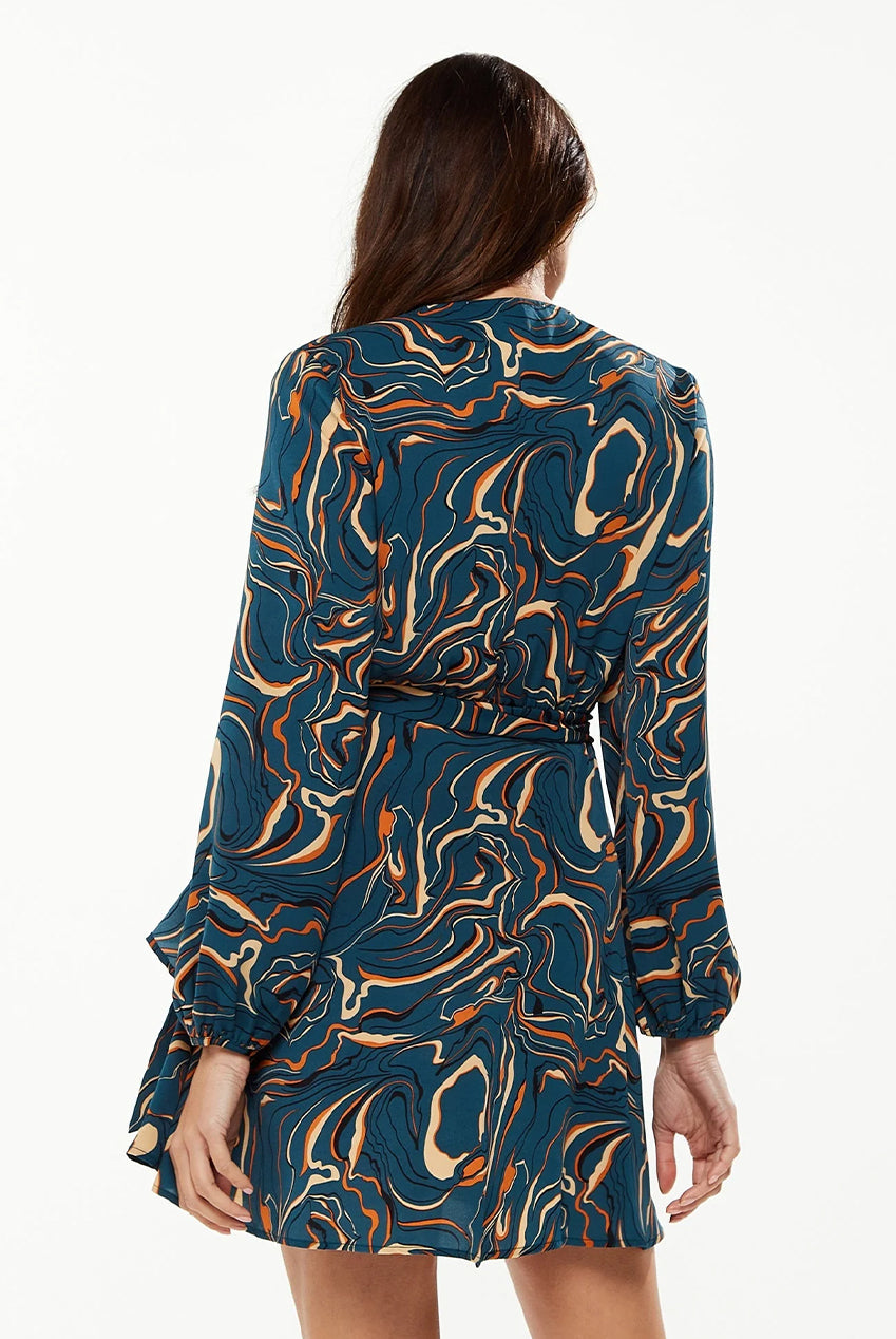 Scribble Print Mini Wrap Dress With Long Sleeves A10-186D-10-1387B-GR