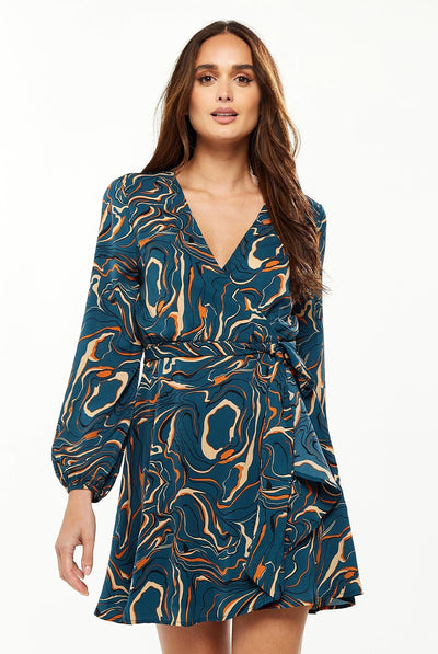 Green - Scribble Print Mini Wrap Dress With Long Sleeves by Liquorish