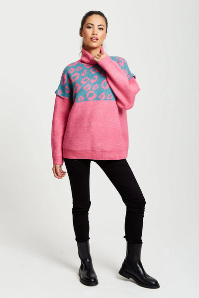 Pink - Animal Pattern Roll Neck Jumper by Liquorish