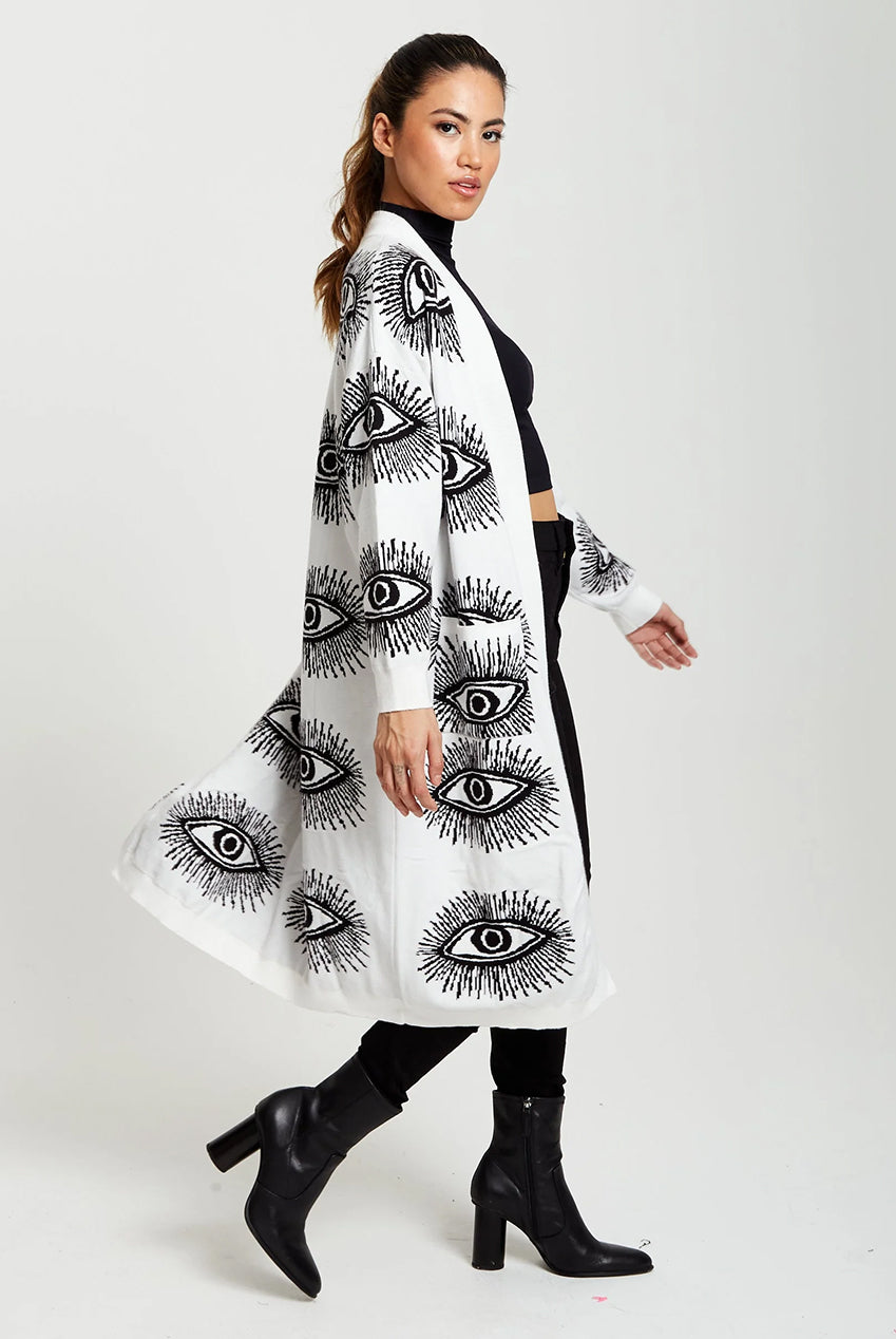 Eye Pattern Longline Cardigan In White A5-127-LIQ23KN002