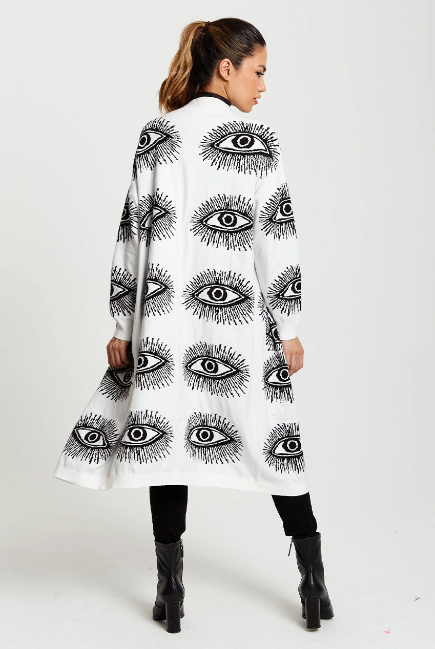 Eye Pattern Longline Cardigan In White A5-127-LIQ23KN002