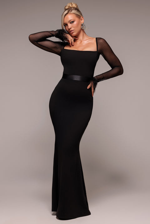 Dobby Mesh Feather Sleeve Evening Maxi Dress - Black by Goddiva