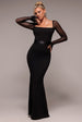 Dobby Mesh Feather Sleeve Evening Maxi Dress - Black by Goddiva