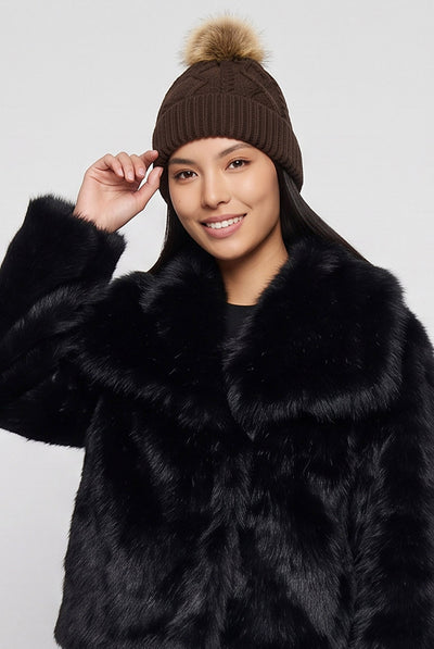 Brown - Brown Ladies Cable Knit Pom Beanie Hat by Gini London