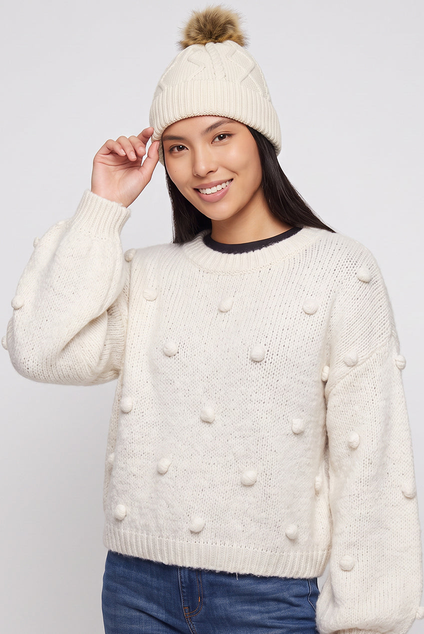 Beige Ladies Cable Knit Pom Beanie Hat AC0011