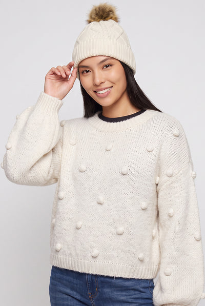 Beige Ladies Cable Knit Pom Beanie Hat by Gini London