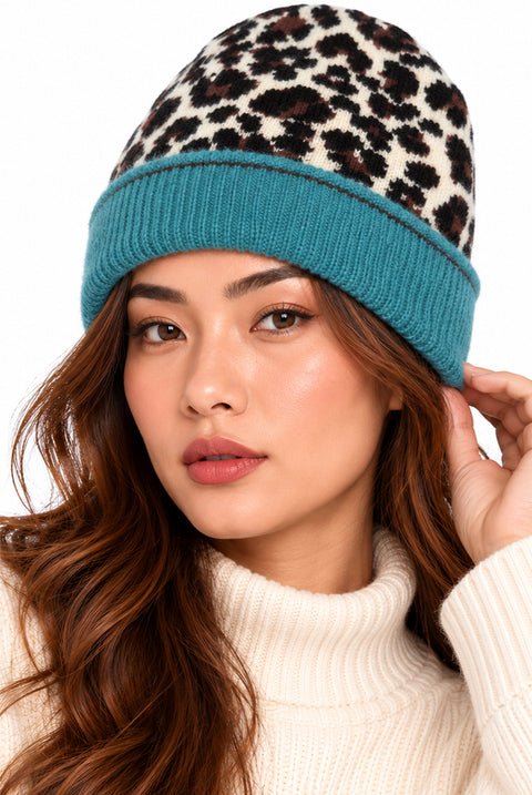 Multi Ladies Animal Beanie Contrast Cuff Hat by Gini London