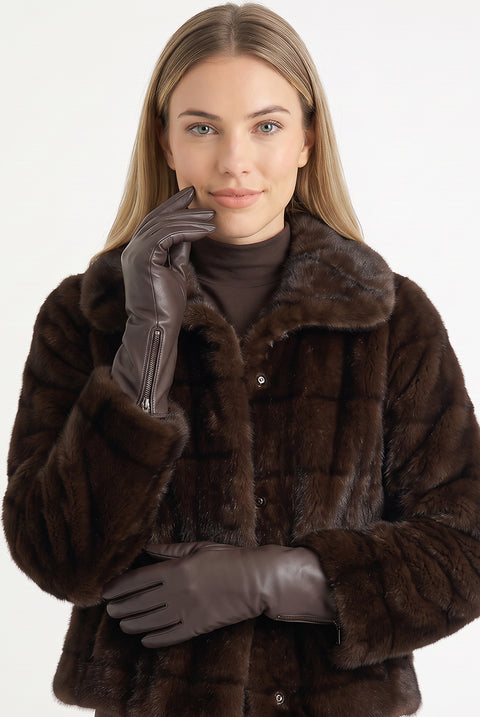 Brown Ladies Faux Leather Side Zip Gloves by Gini London