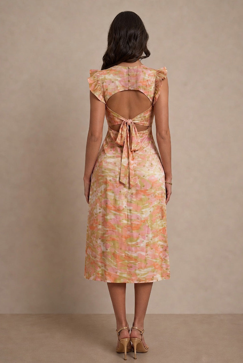 V Neck Abstract Foil Spot Print Midi Dress In Multi AE021MU