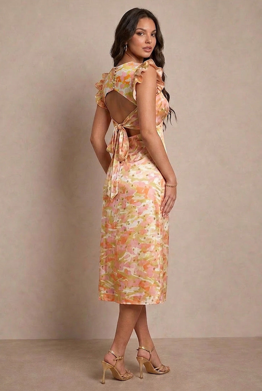 V Neck Abstract Foil Spot Print Midi Dress In Multi AE021MU