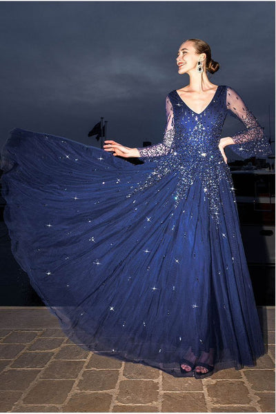 Sunray Hand Embellished Sequin A-Line Bell Sleeve Maxi Dress - Navy Blue by Goddiva