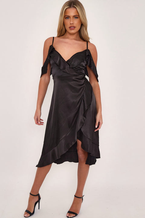 Black Off Shoulder Satin Midi Dress PENELOPE