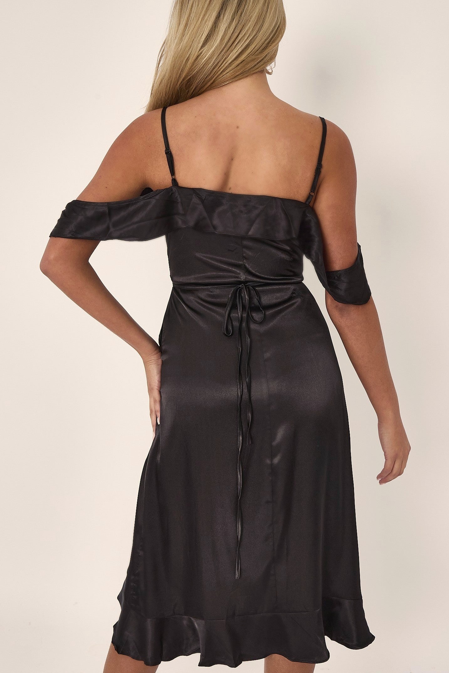 Black Off Shoulder Satin Midi Dress PENELOPE