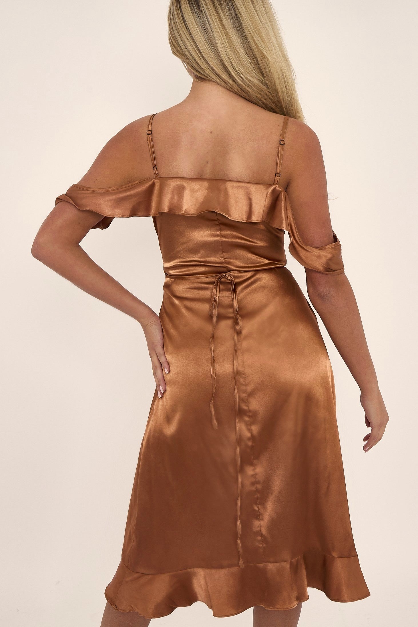 Bronze Off Shoulder Satin Midi Dress PENELOPE