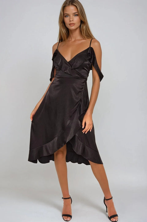 Black Off Shoulder Satin Midi Dress by Aftershock London