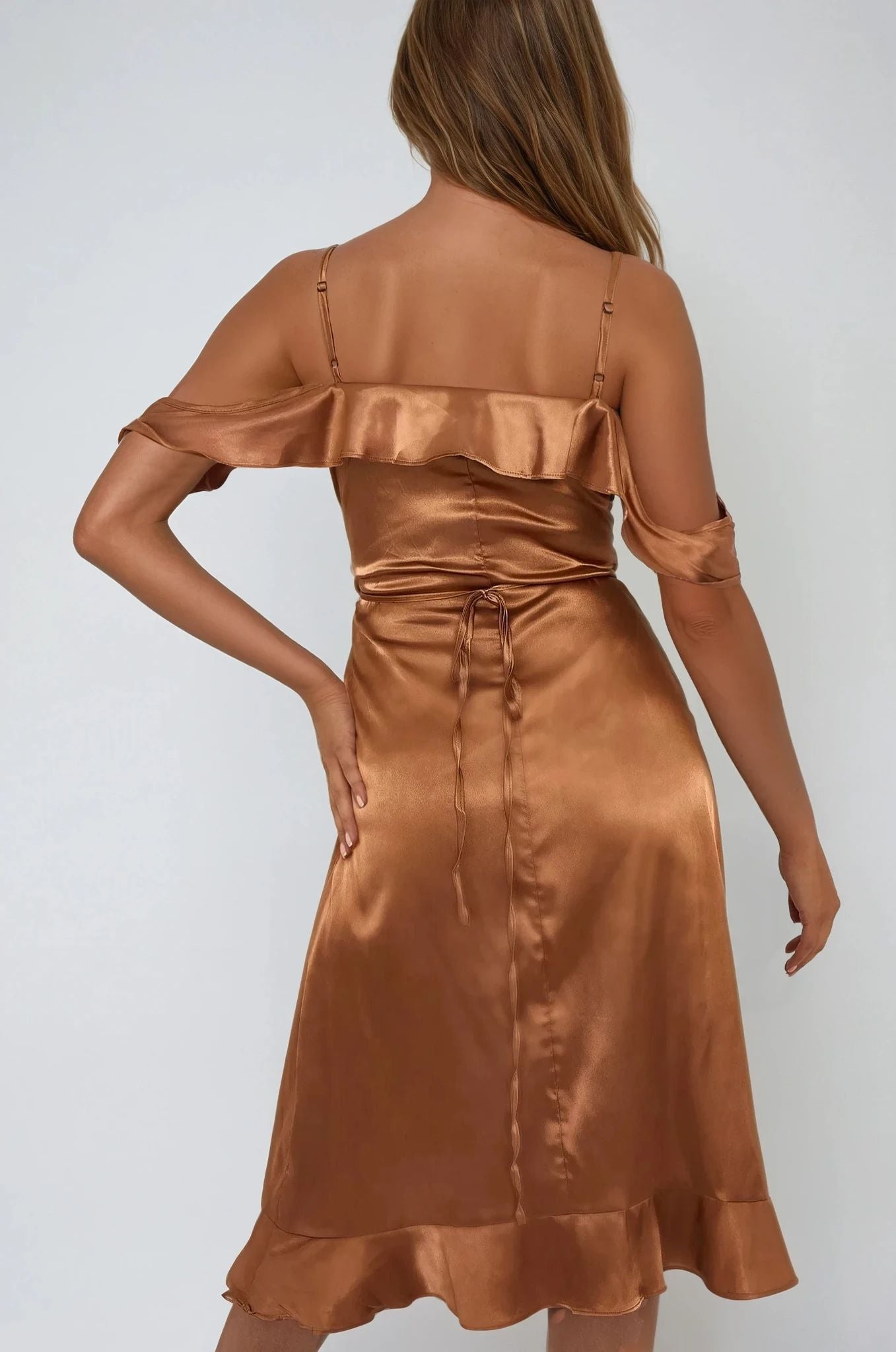 Bronze Off Shoulder Satin Midi Dress PENELOPE