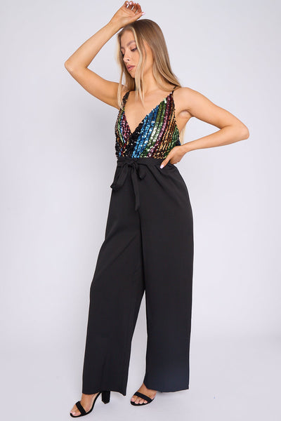 Black - Black Combined Sequin Jumpsuit by Aftershock London