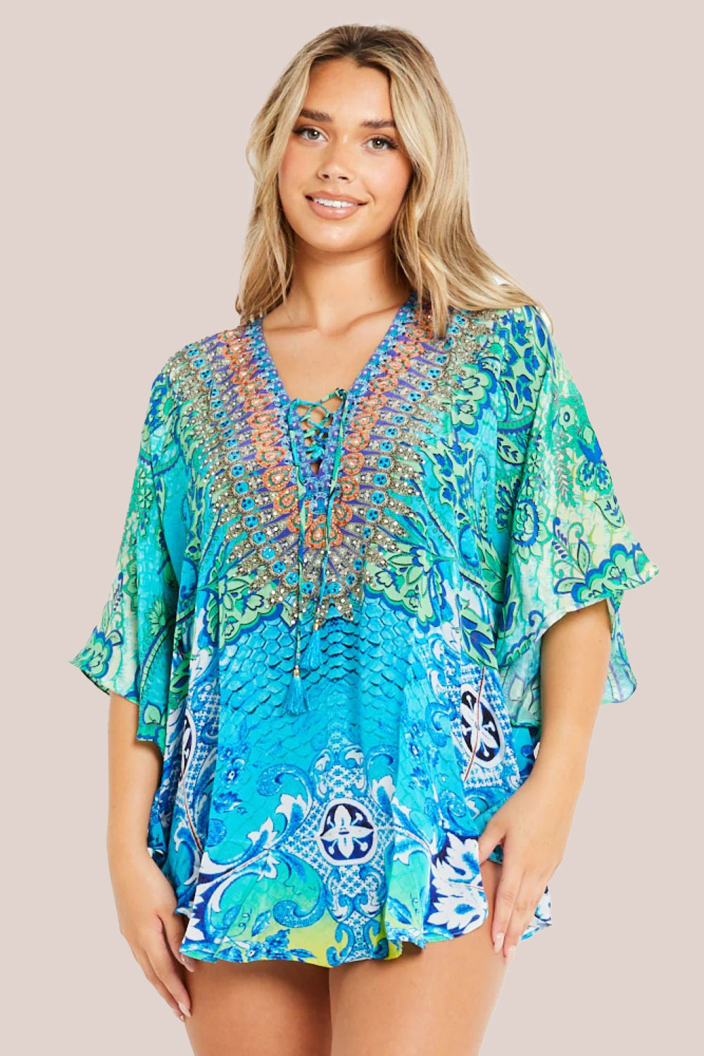 Aqua Blue Floral Short Beach Dress Kaftan AL2439