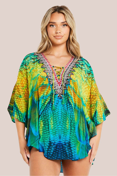 Yellow Blue Short Beach Dress Kaftan by Aftershock London