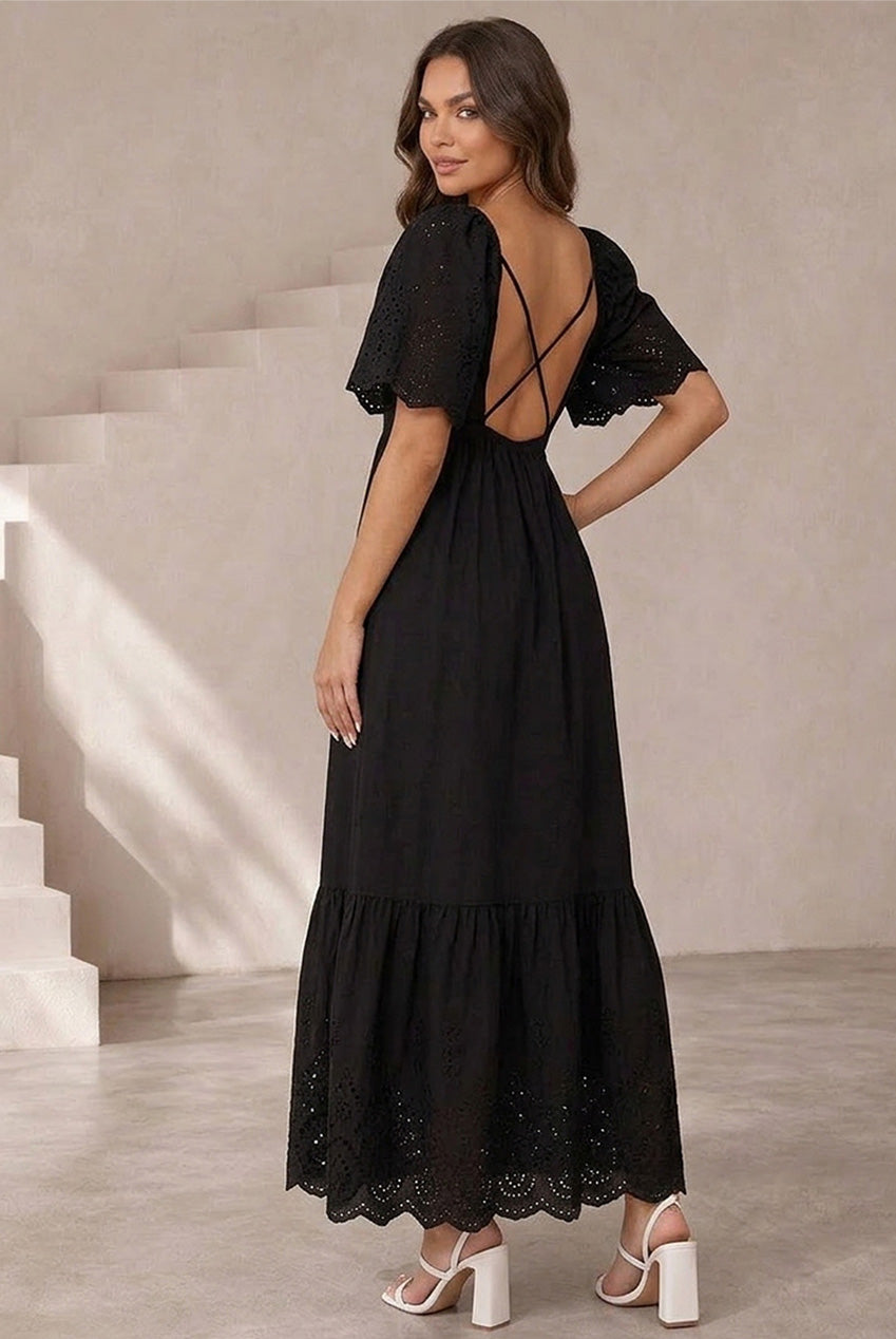 Broderie Sleeve Poplin Maxi Dress In Black AKCCJD01BK