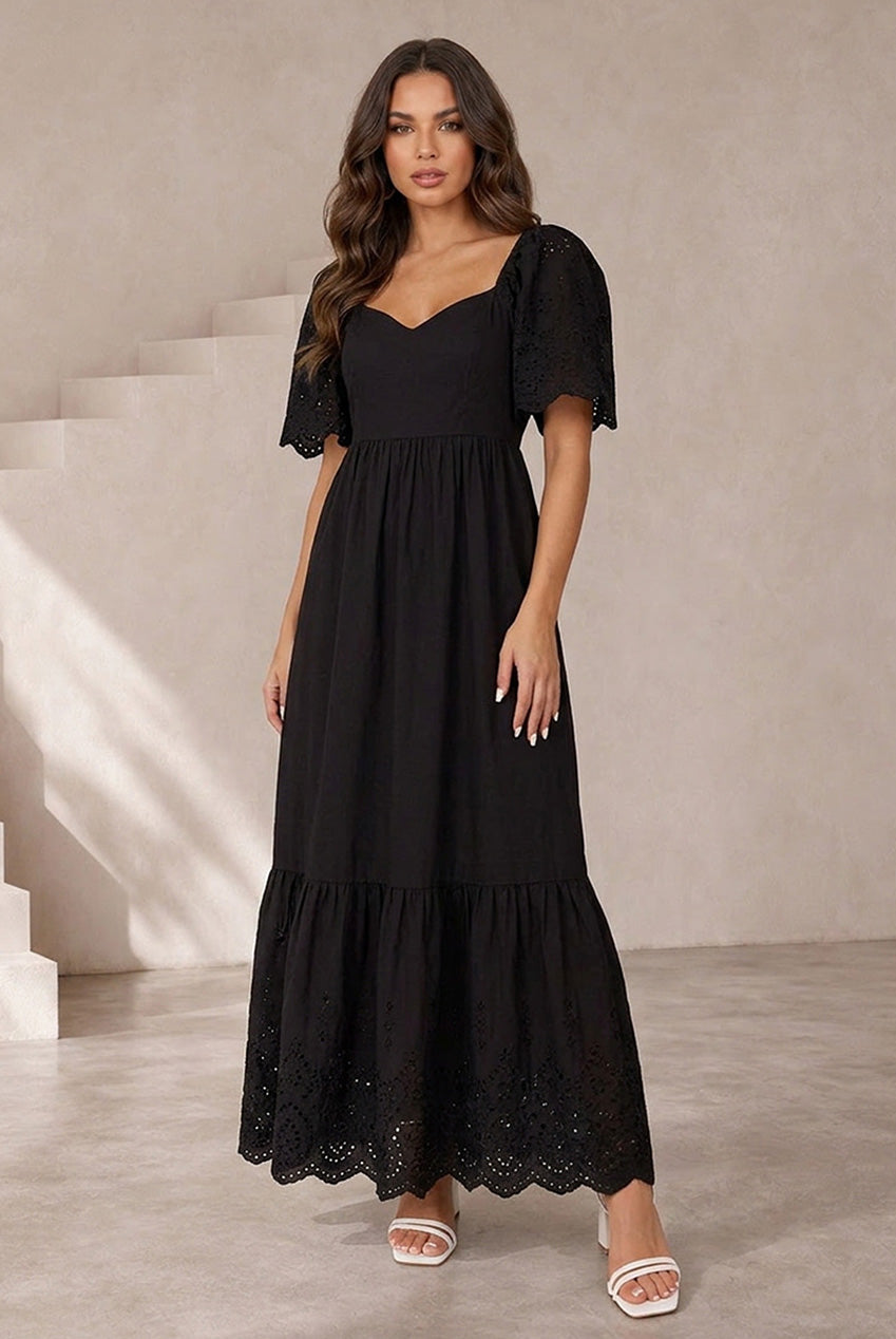 Broderie Sleeve Poplin Maxi Dress In Black AKCCJD01BK