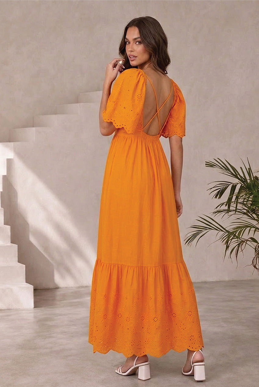 Broderie Anglaise Sleeve Poplin Maxi Dress In Orange AKCCJD01OR