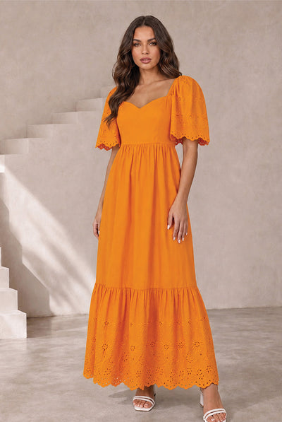 Orange - Broderie Anglaise Sleeve Poplin Maxi Dress In Orange by Chi Chi London